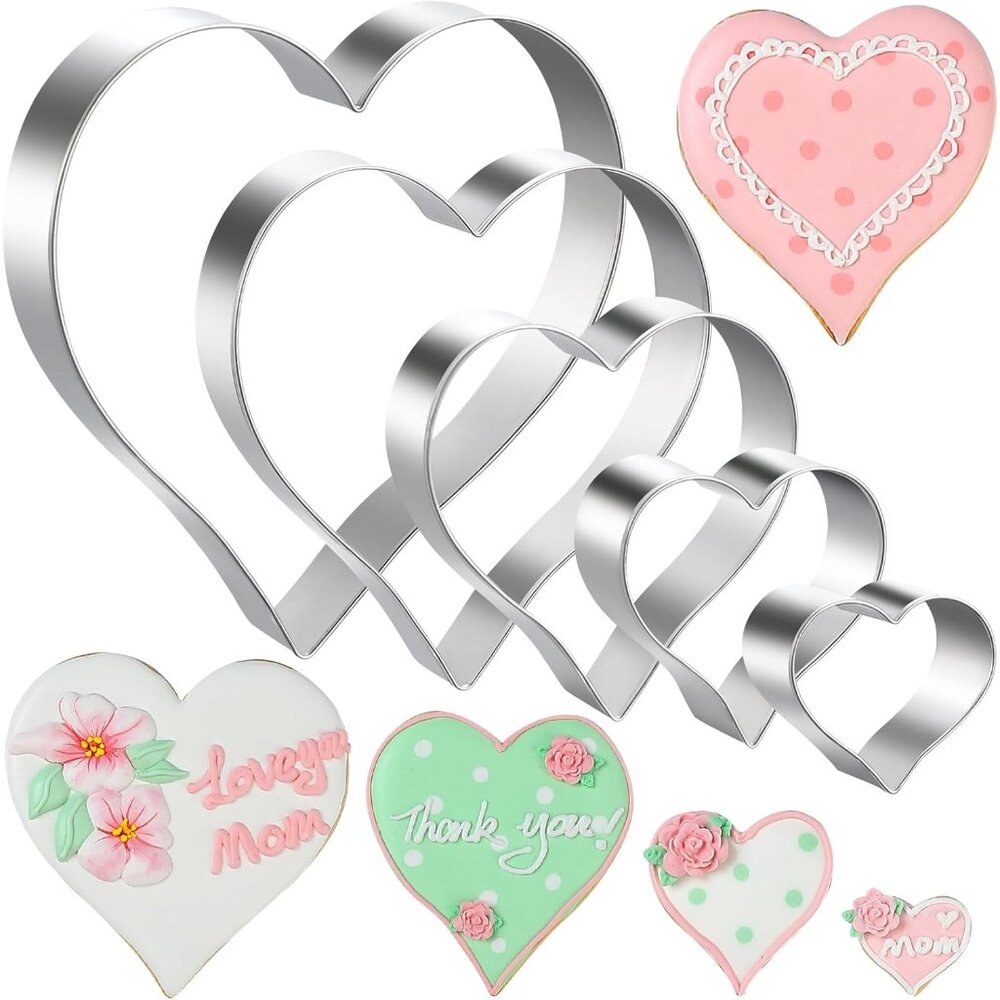 5-Piece Stainless Steel Heart Cookie Cutters Set - Valentine's Day, Birthday, We